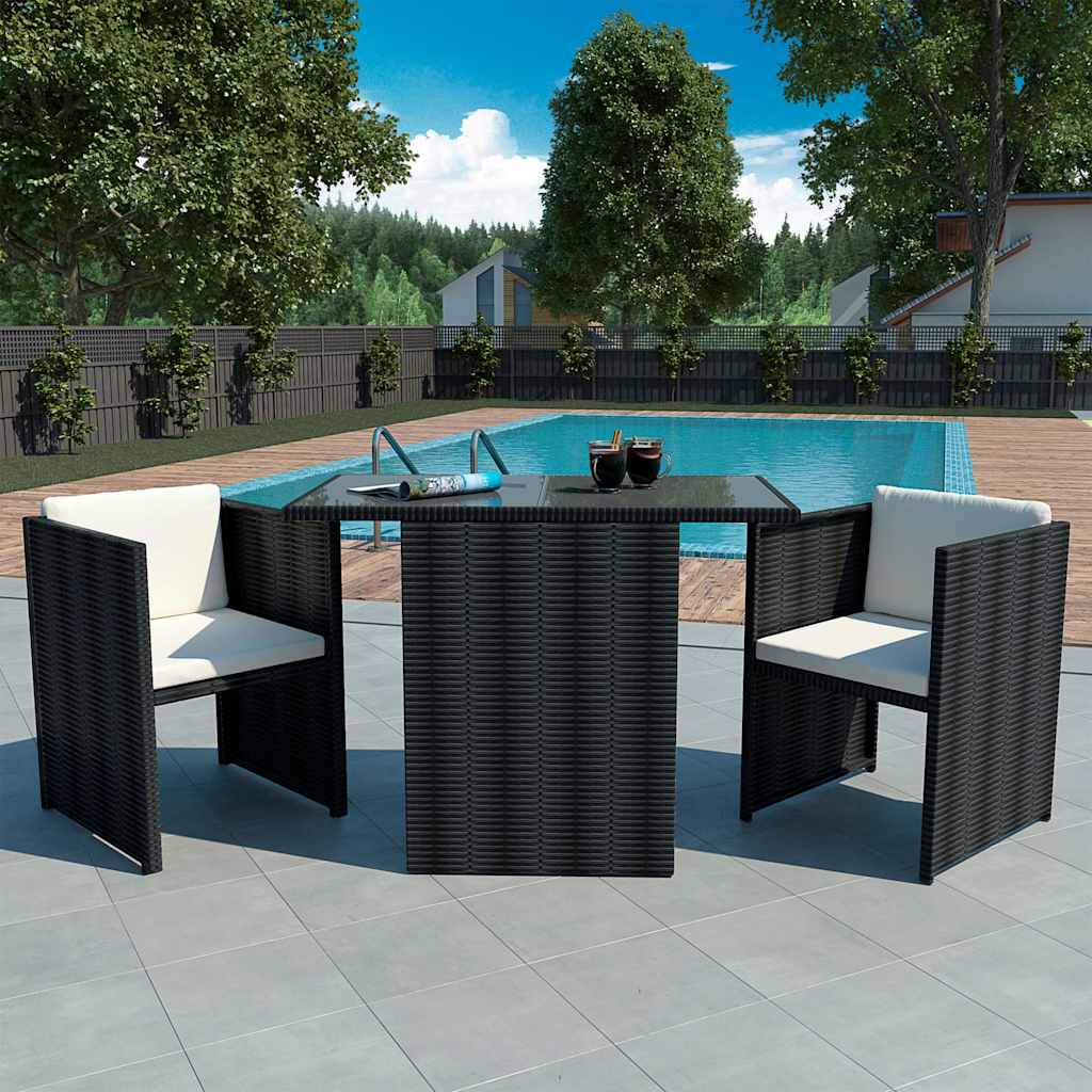 3 darabos fekete polyrattan bisztrószett párnákkal