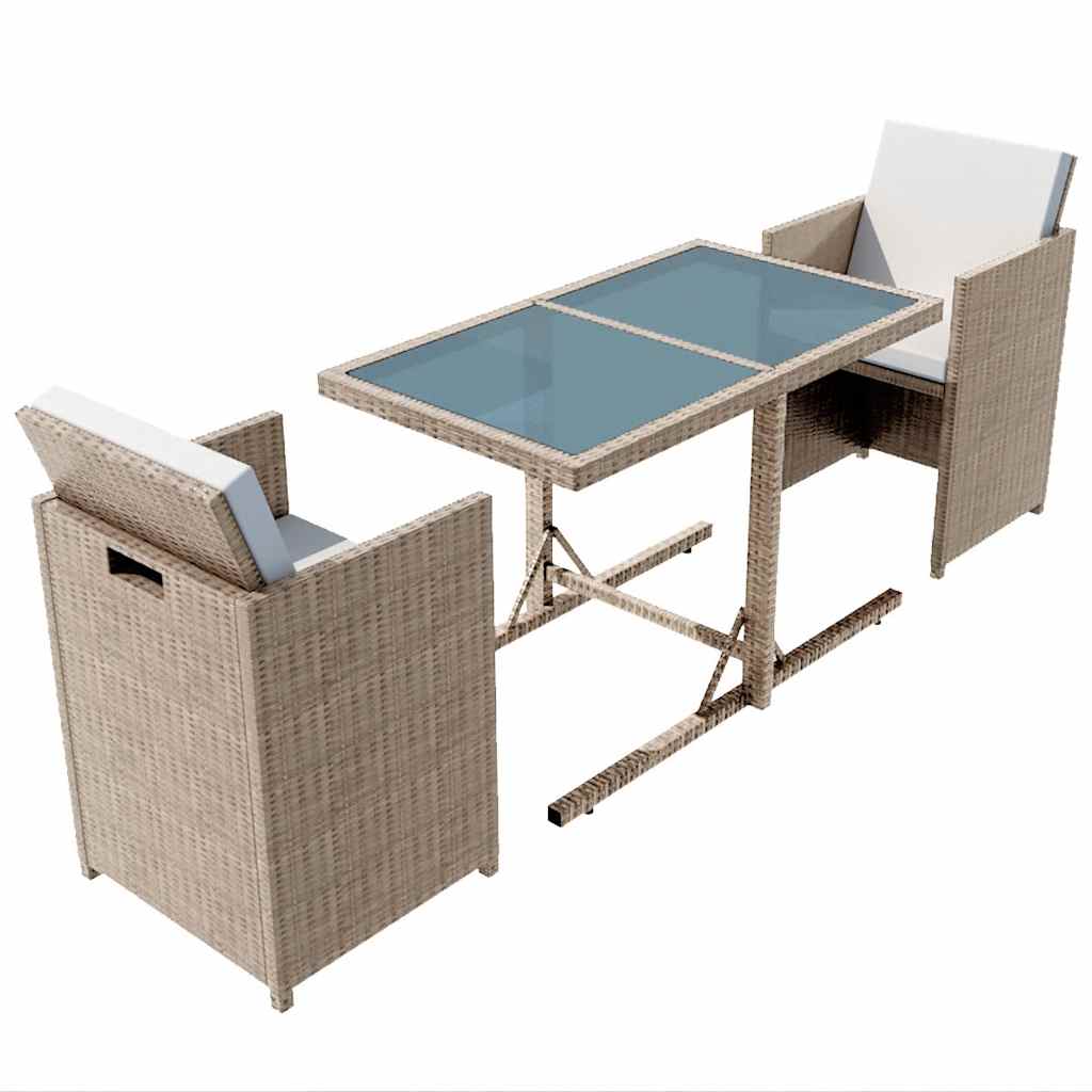 3 darabos bézs polyrattan bisztrószett párnákkal 2