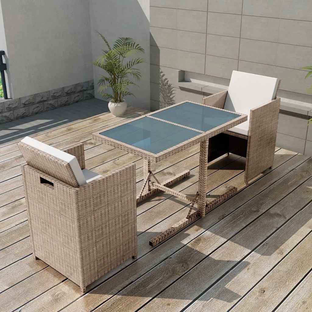 3 darabos bézs polyrattan bisztrószett párnákkal
