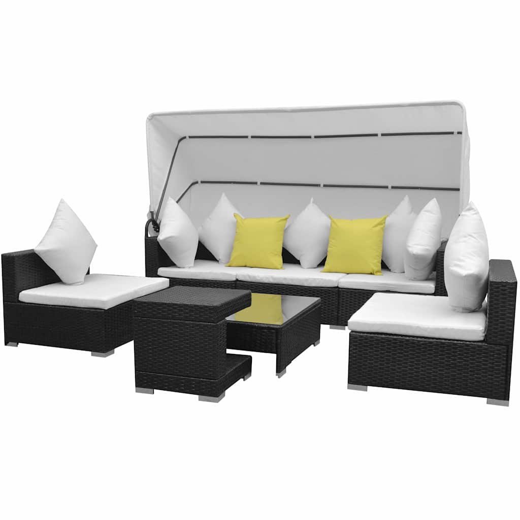 7 darabos fekete polyrattan kerti bútorszett napellenzővel