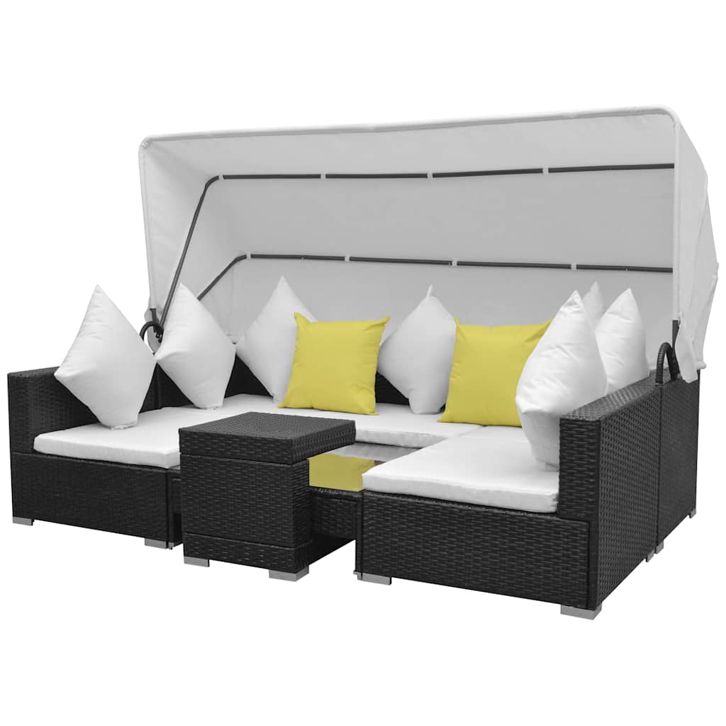 7 darabos fekete polyrattan kerti bútorszett napellenzővel 2