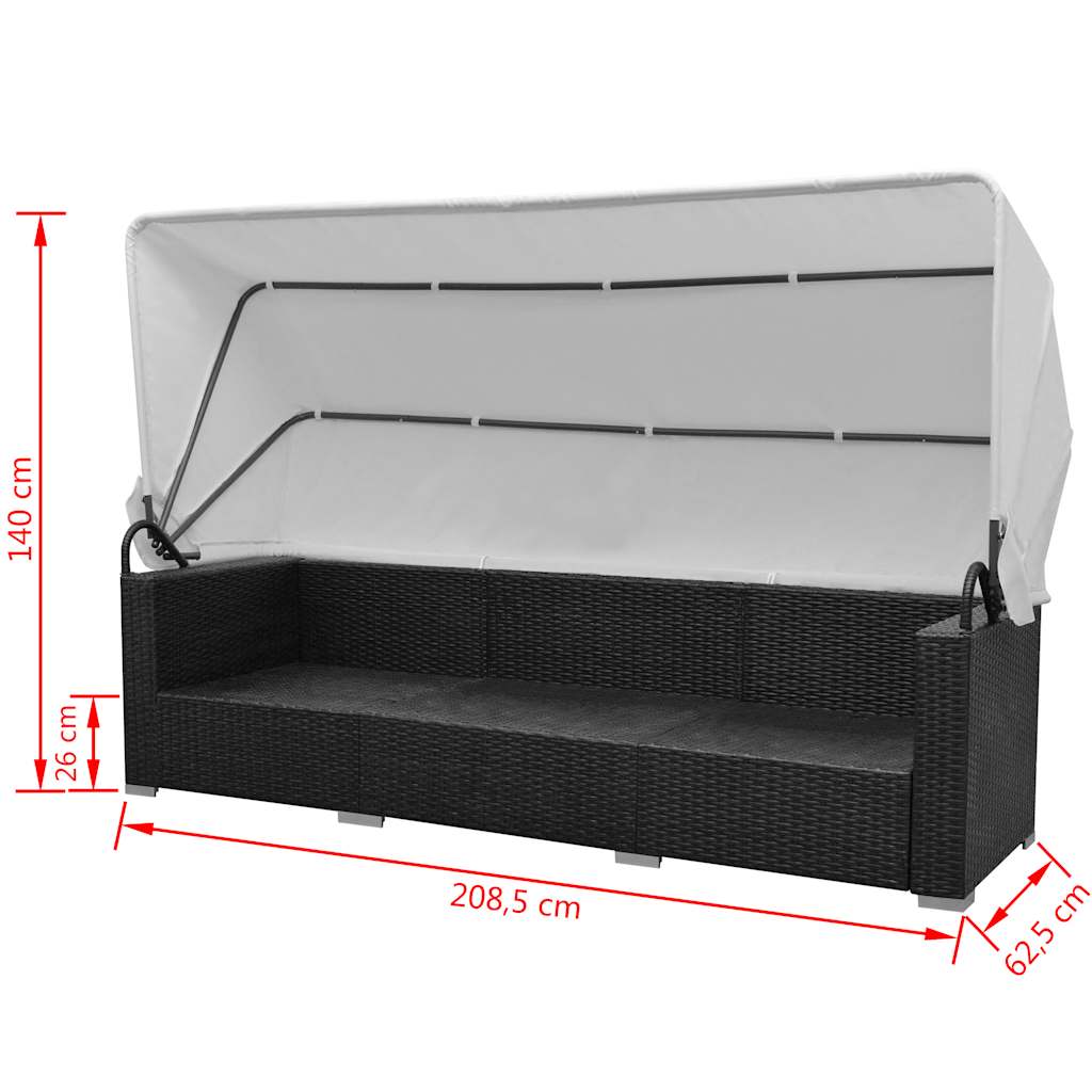 7 darabos fekete polyrattan kerti bútorszett napellenzővel 8