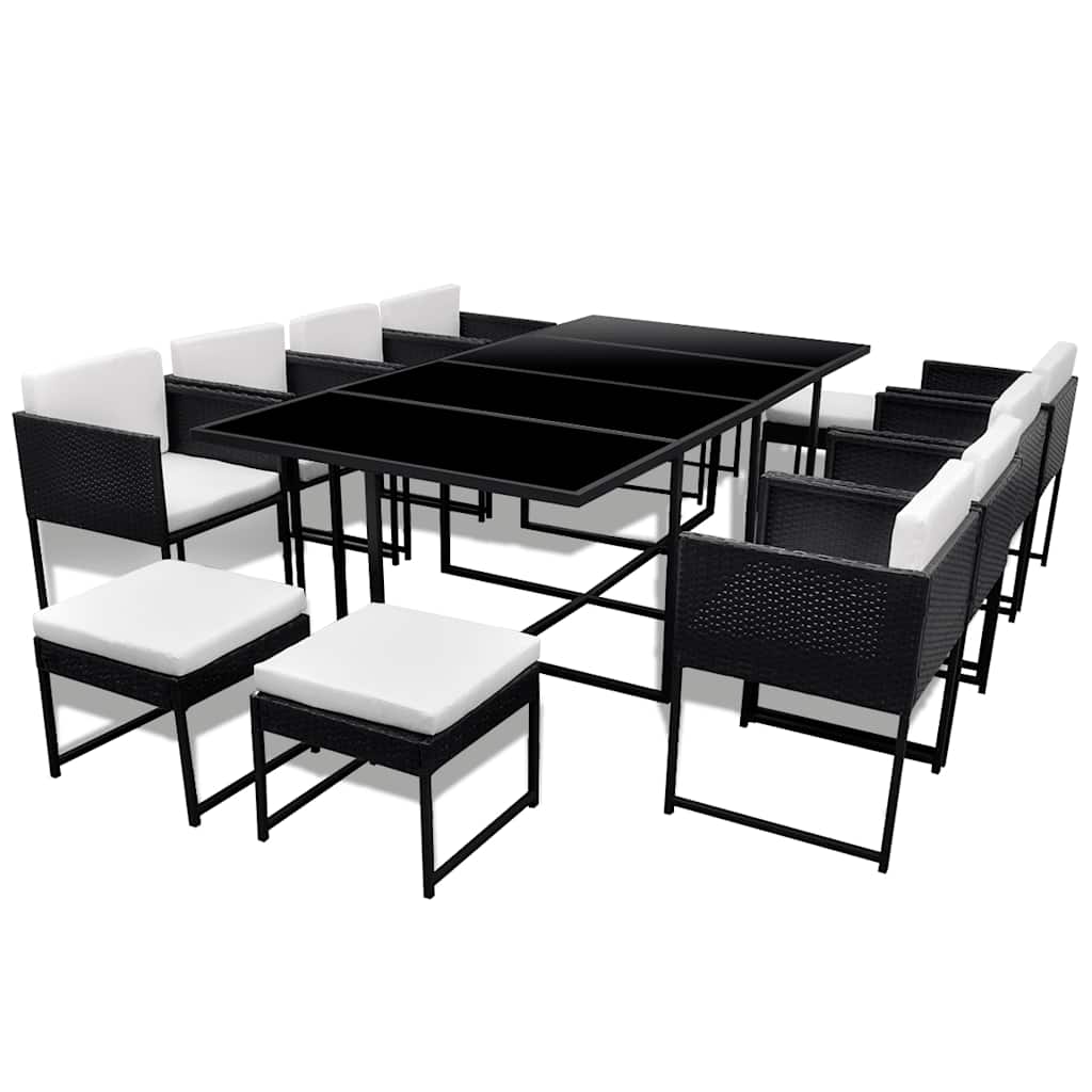 13-részes fekete polyrattan kültéri étkezőszett párnákkal 2
