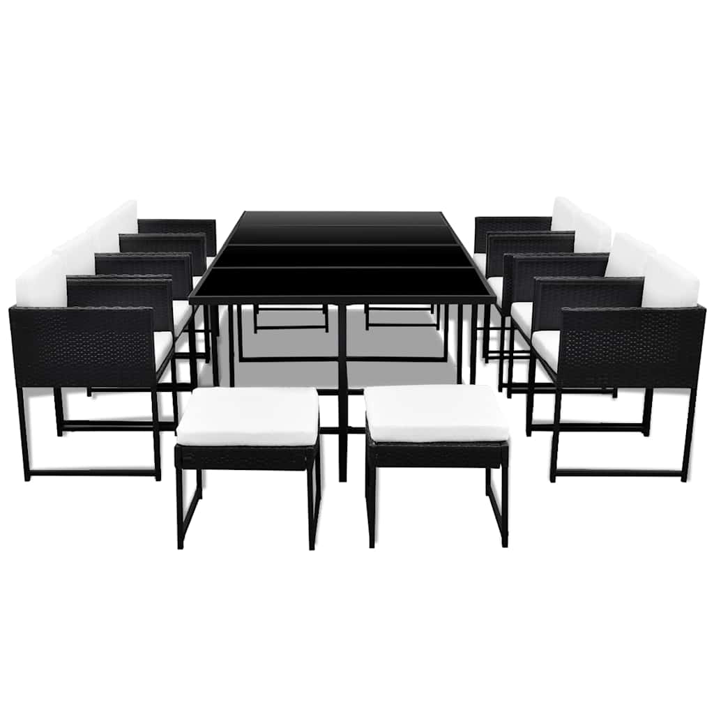 13-részes fekete polyrattan kültéri étkezőszett párnákkal 3