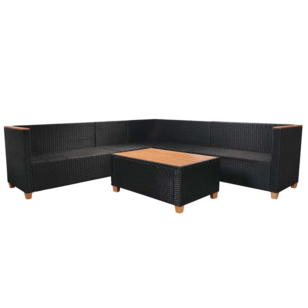 5-részes fekete polyrattan kerti bútorszett párnákkal 6