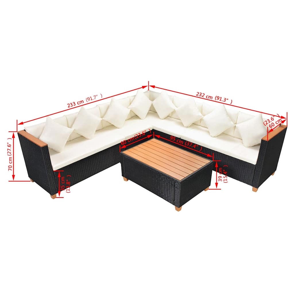 5-részes fekete polyrattan kerti bútorszett párnákkal 9
