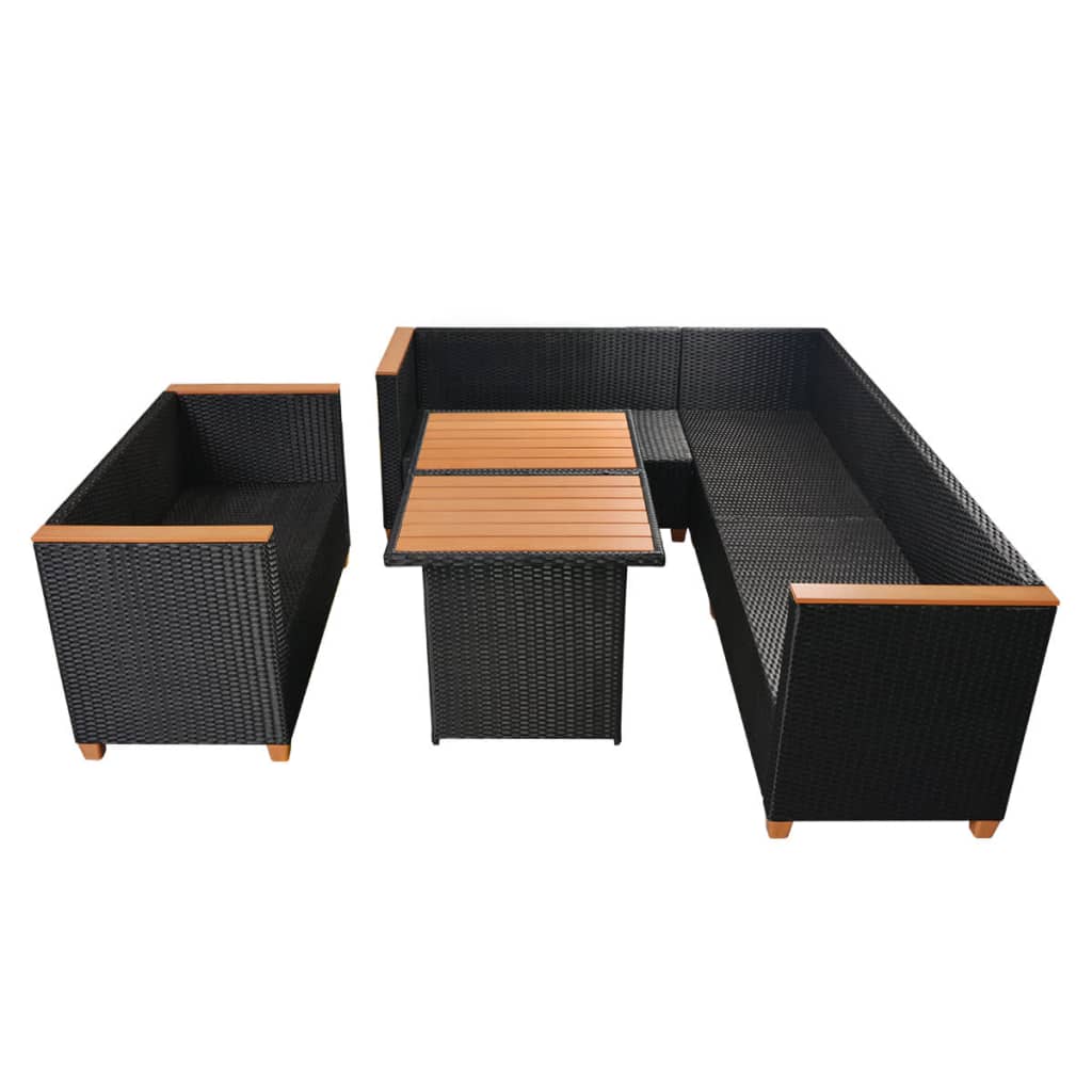 5-részes fekete polyrattan kerti bútorszett párnákkal 5