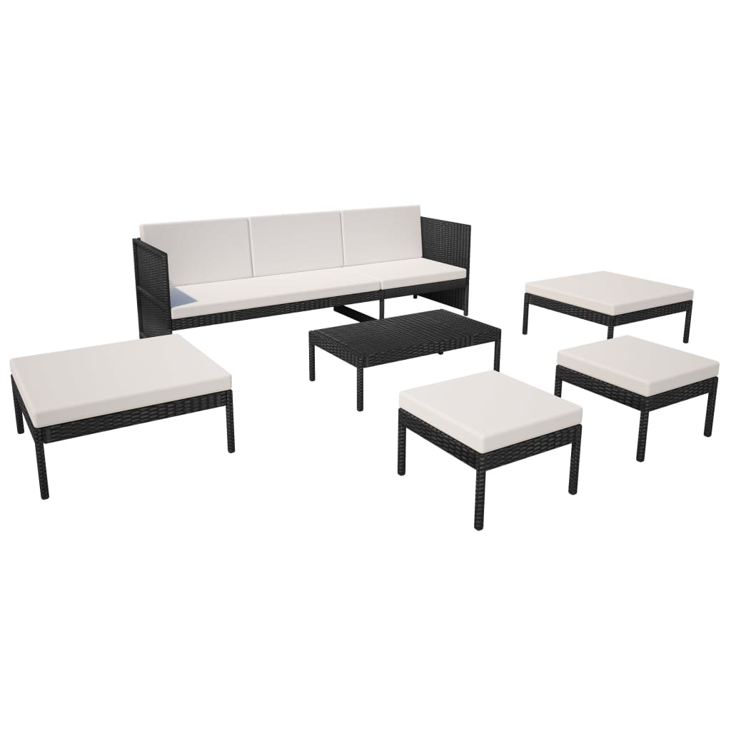 6-részes fekete polyrattan kerti bútorszett párnákkal 3