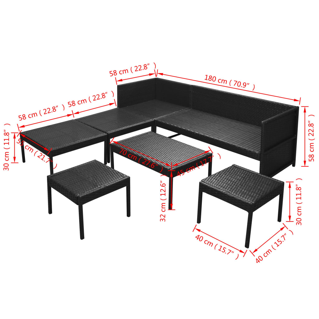 6-részes fekete polyrattan kerti bútorszett párnákkal 9