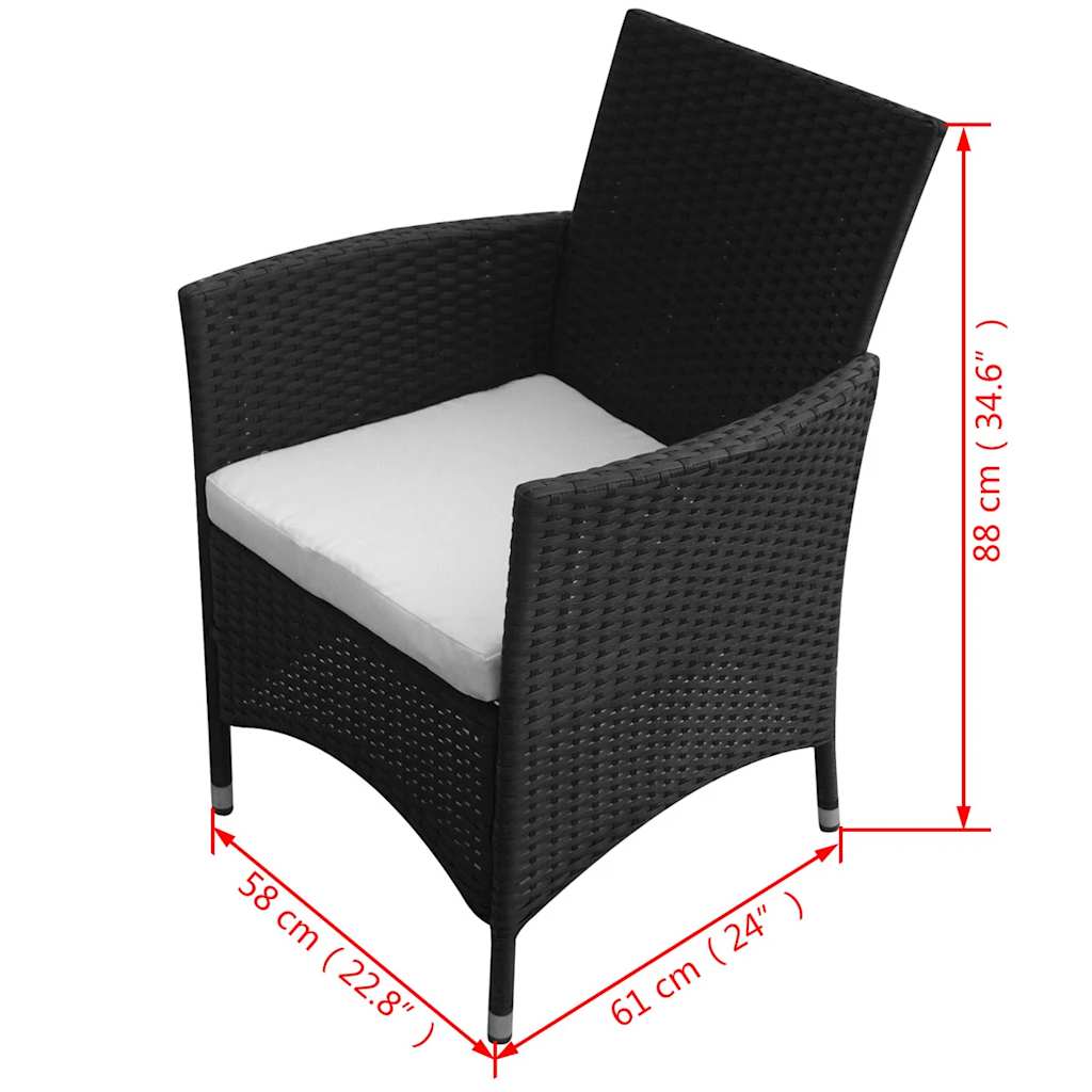 5-részes fekete polyrattan kültéri étkezőszett párnákkal 9