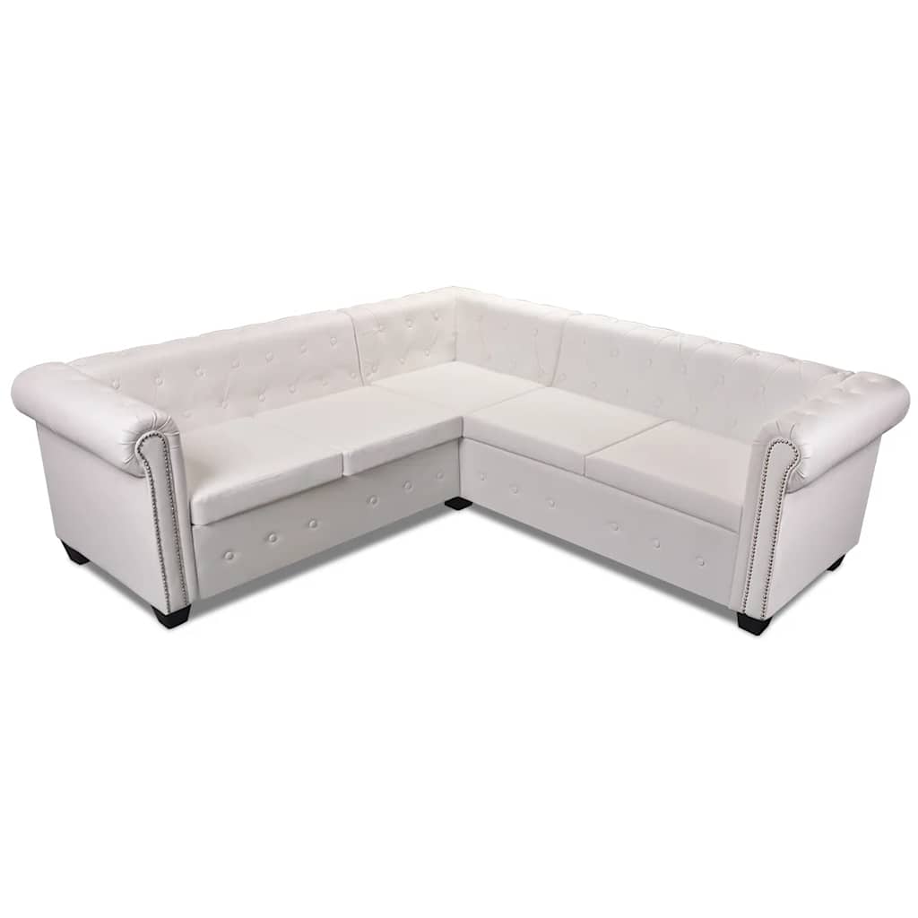 5 személyes fehér műbőr Chesterfield sarokkanapé 3