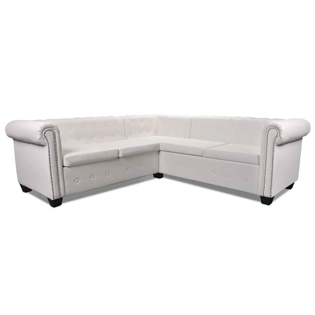 5 személyes fehér műbőr Chesterfield sarokkanapé 4