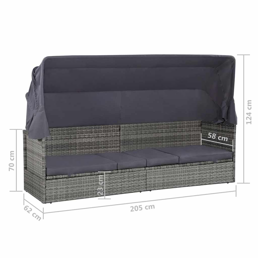 Szürke polyrattan napellenzős kerti ágy 205 x 62 cm 8