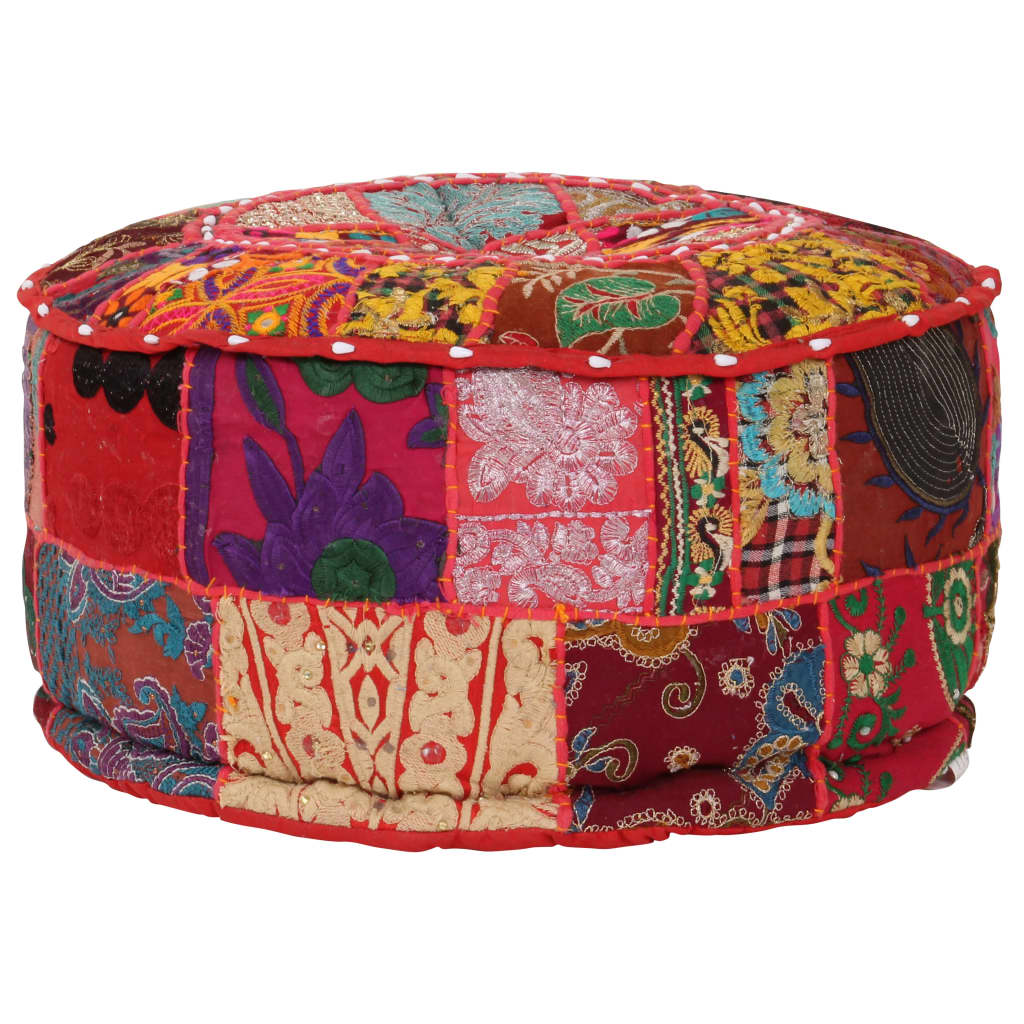 Kézzel készült kerek piros pamut patchwork puff 40 x 20 cm 4