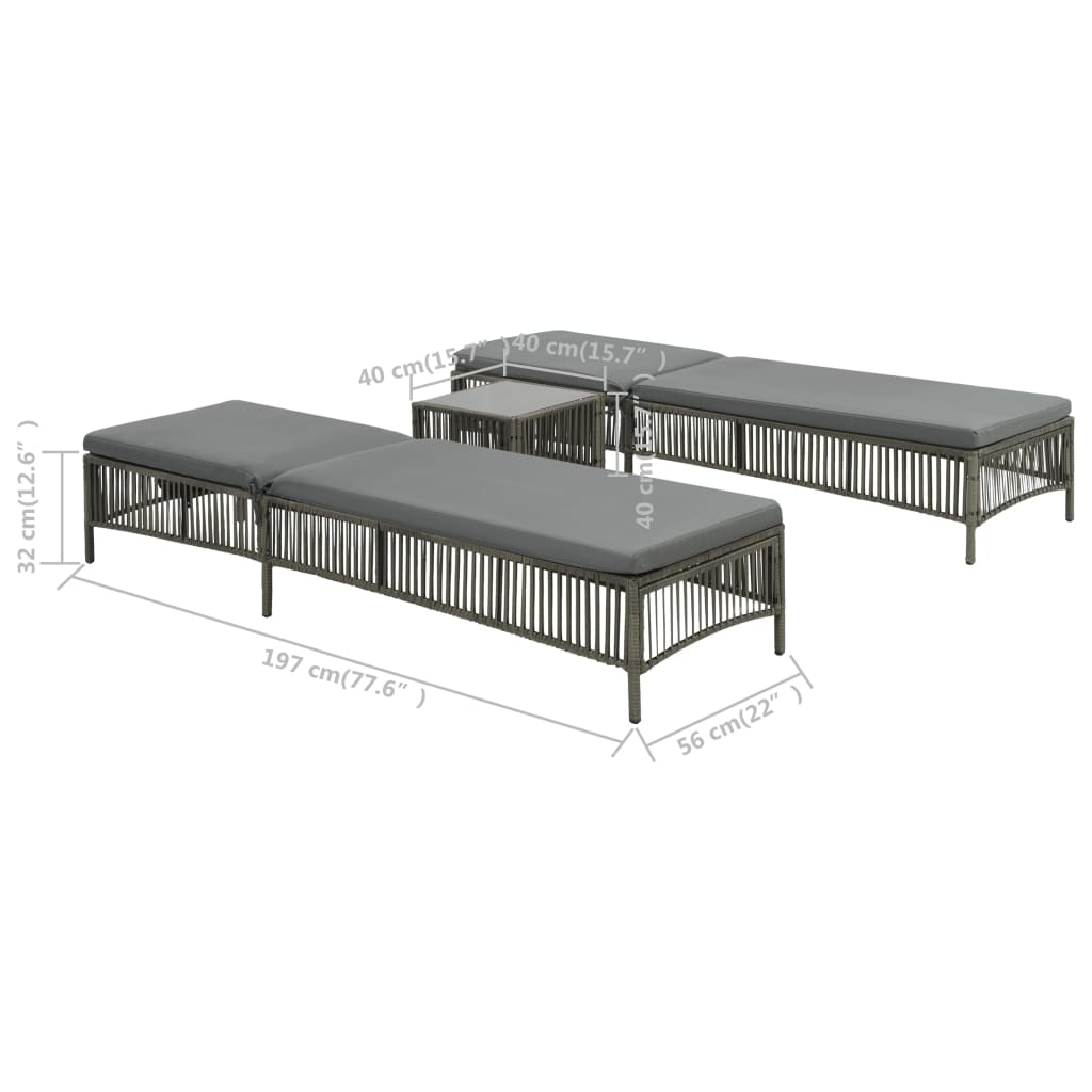 2 db szürke polyrattan napozóágy asztalkával 5