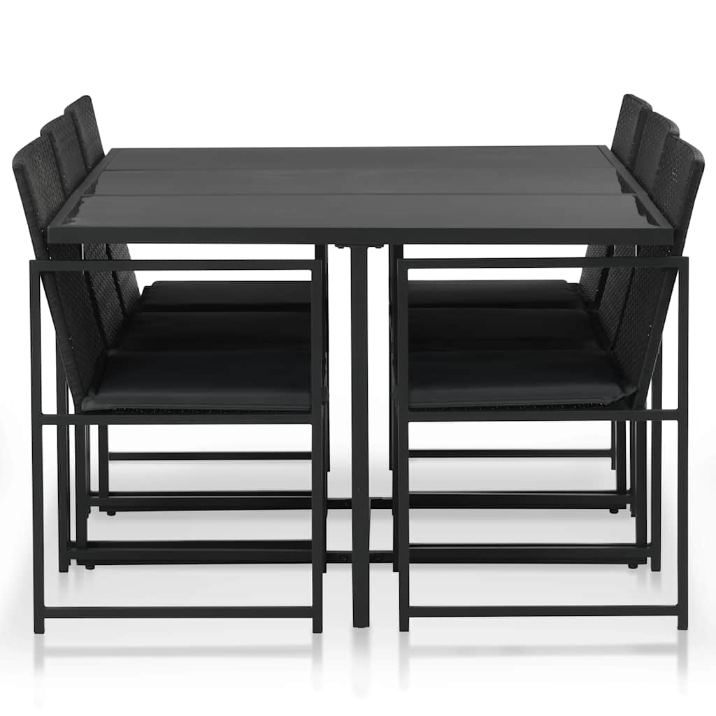 7-részes fekete polyrattan kültéri étkezőszett párnákkal 2