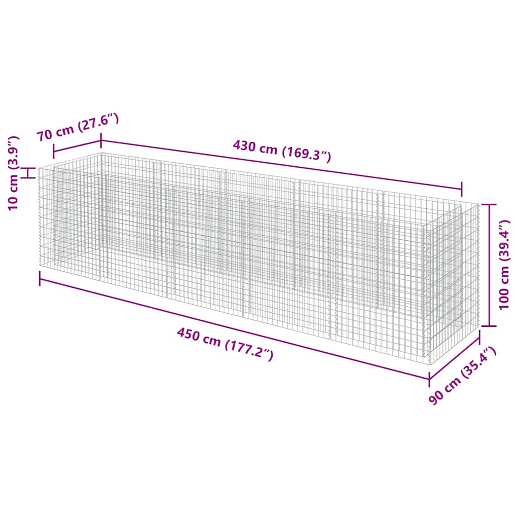 Horganyozott acél gabion magaságyás 450 x 90 x 100 cm 8