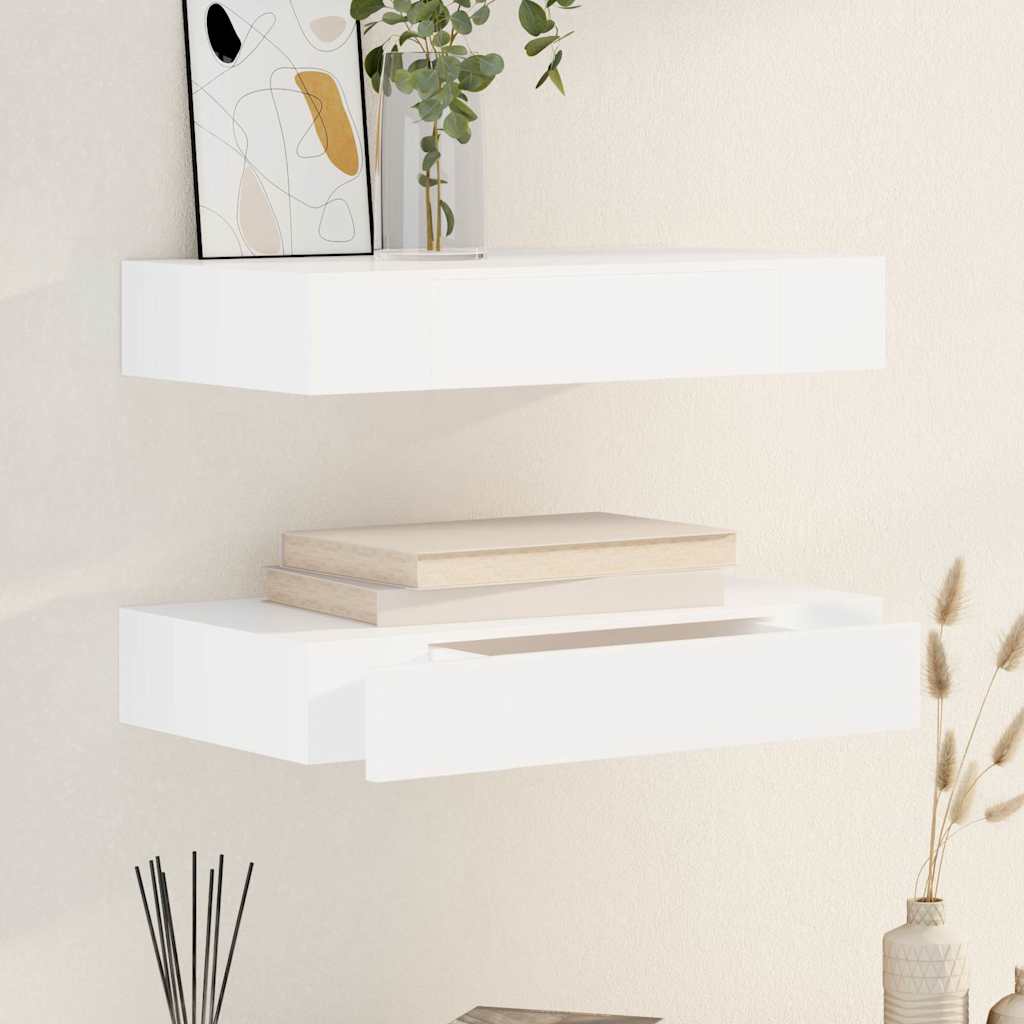 2 db fehér lebegő fali polc fiókkal 48 cm