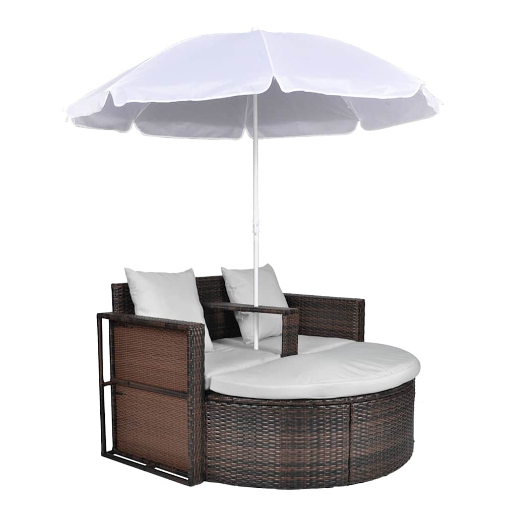 Barna polyrattan kerti ágy napernyővel 2
