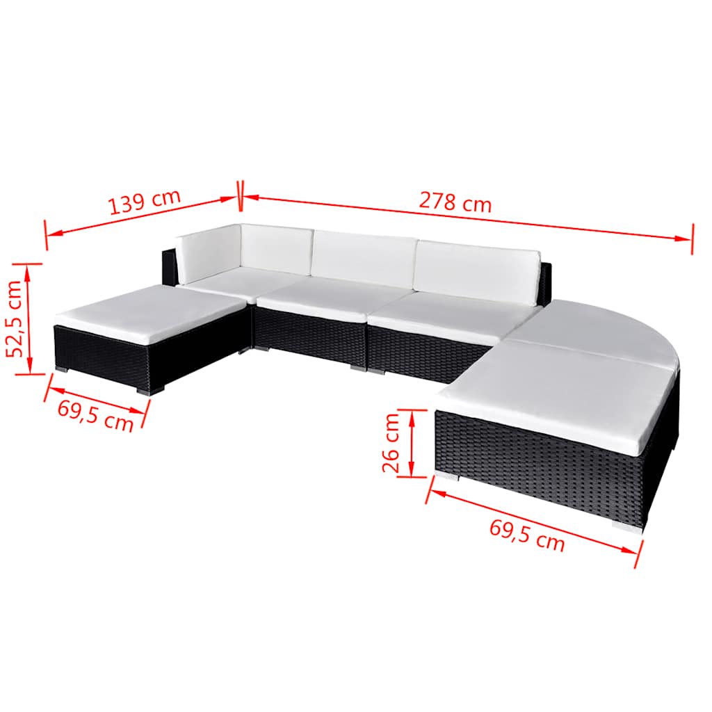 6-részes fekete polyrattan kerti bútorszett párnákkal 4