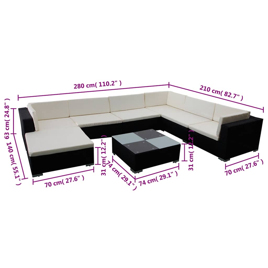 8 részes fekete polyrattan kerti ülőgarnitúra párnákkal 7