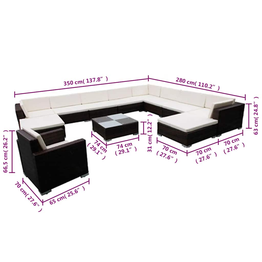 12 részes fekete polyrattan kerti ülőgarnitúra párnákkal 7