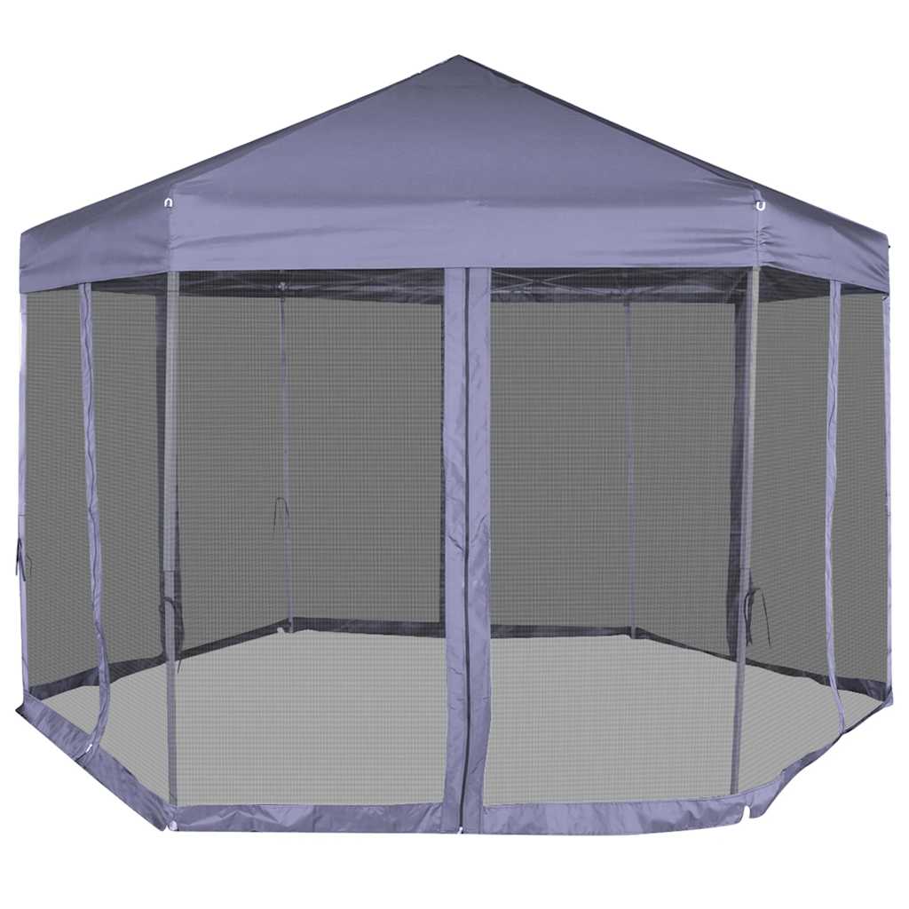 Sötétkék hatszögletű felugró pavilon 6 oldalfallal 3,6 x 3,1 m 2