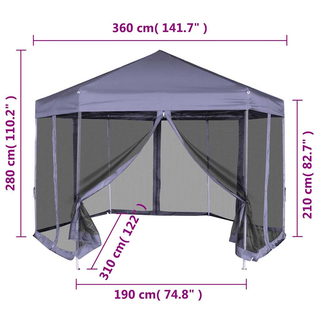 Sötétkék hatszögletű felugró pavilon 6 oldalfallal 3,6 x 3,1 m 12