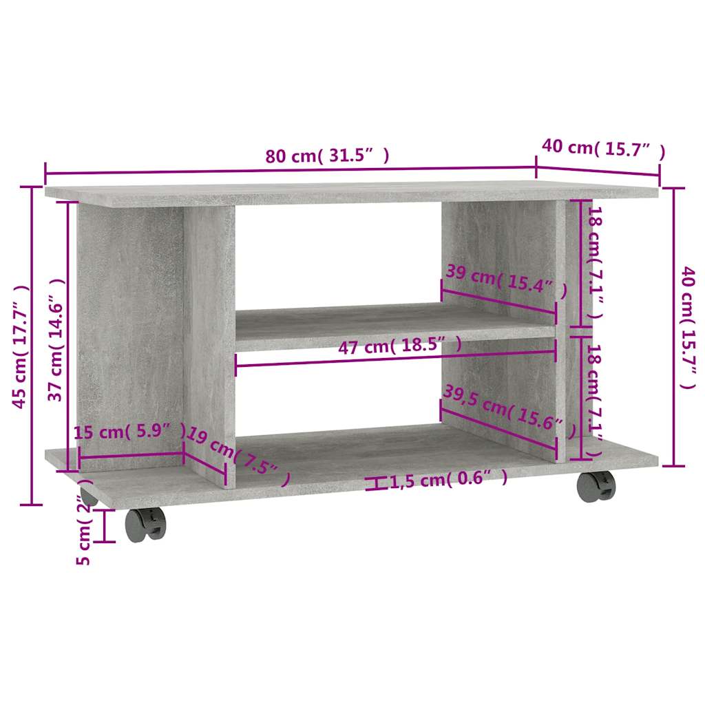 Betonszürke szerelt fa TV-szekrény görgőkkel 80 x 40 x 45 cm 6