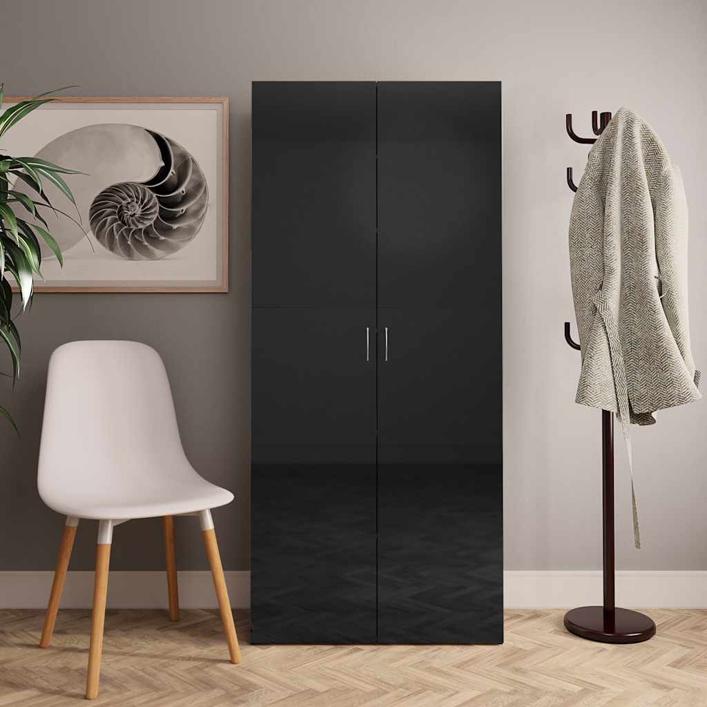 Magasfényű fekete szerelt fa cipőszekrény 80 x 35,5 x 180 cm