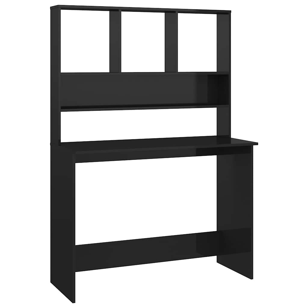 Magasfényű fekete forgácslap íróasztal polcokkal 110x45x157 cm 2