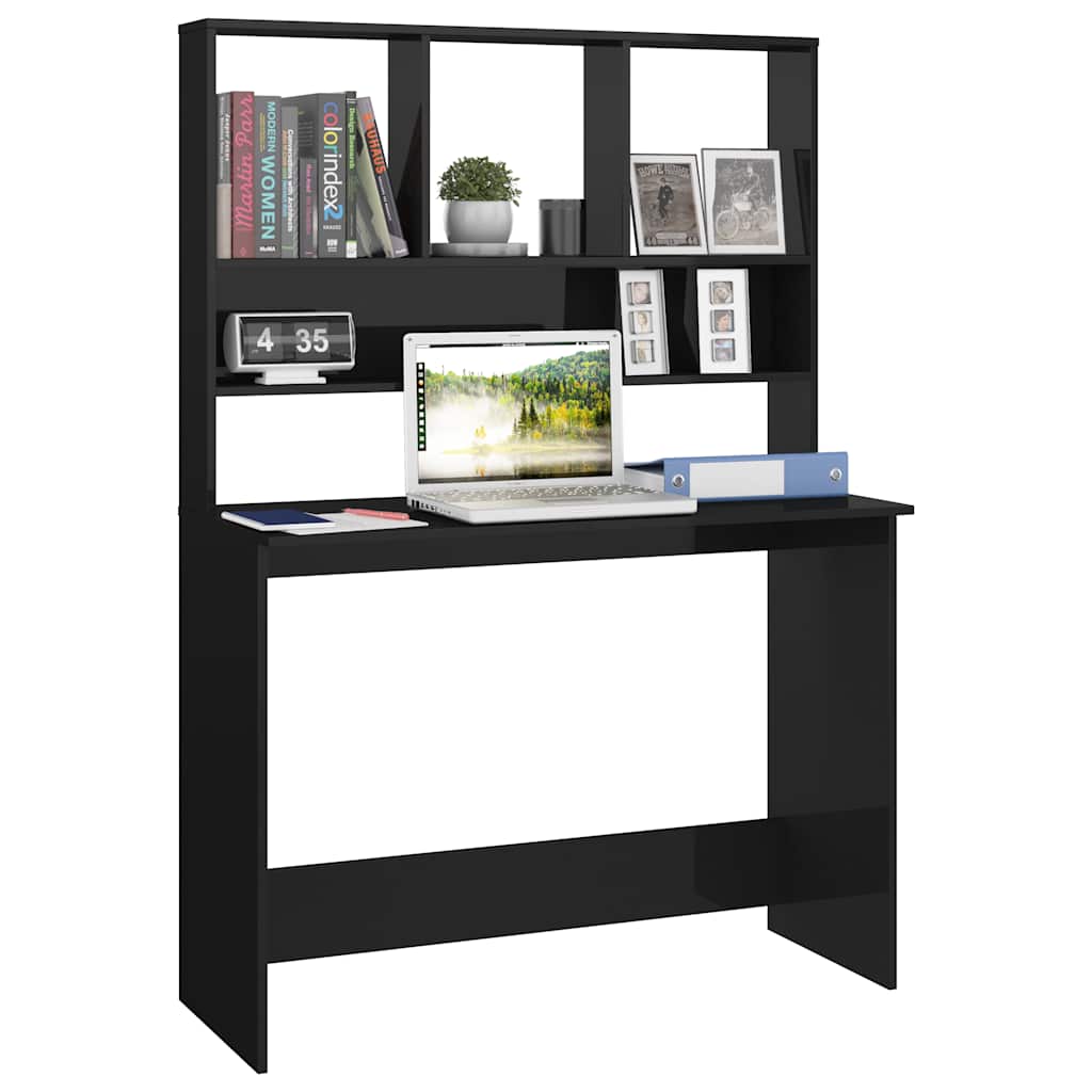 Magasfényű fekete forgácslap íróasztal polcokkal 110x45x157 cm 3