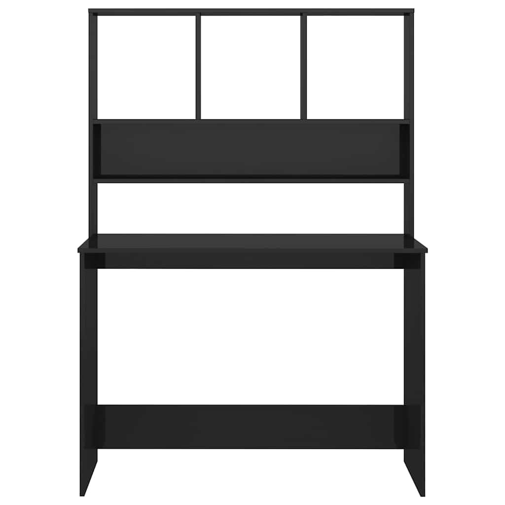 Magasfényű fekete forgácslap íróasztal polcokkal 110x45x157 cm 4