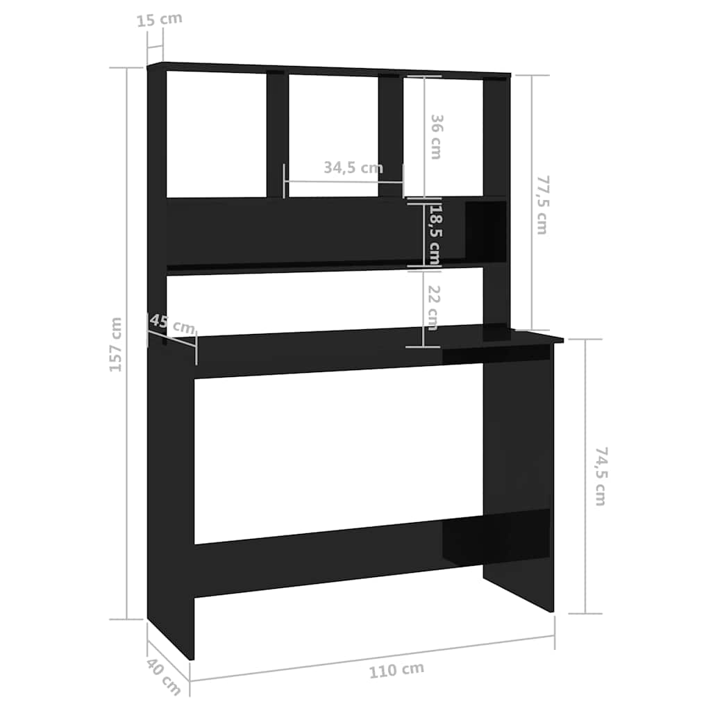 Magasfényű fekete forgácslap íróasztal polcokkal 110x45x157 cm 6