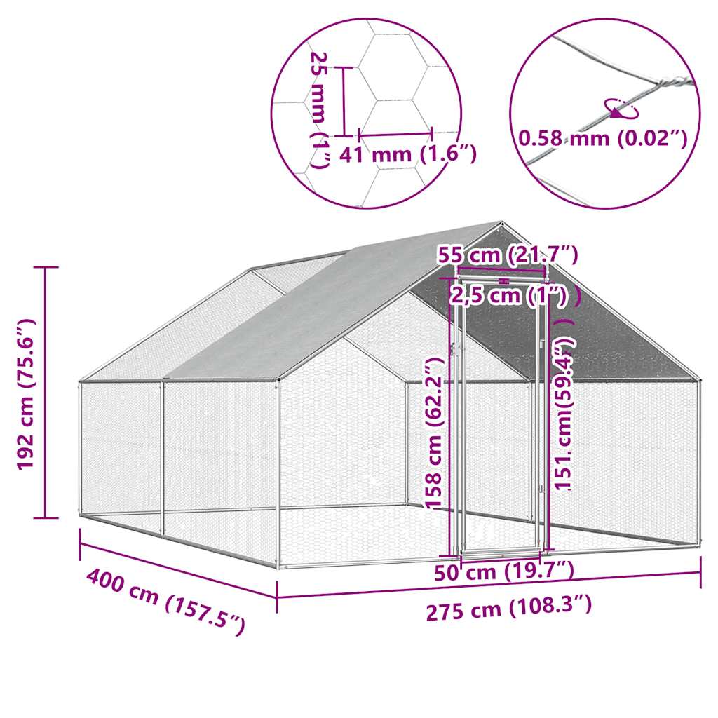 Kültéri horganyzott acél tyúkól 2,75 x 4 x 1,92 m 6