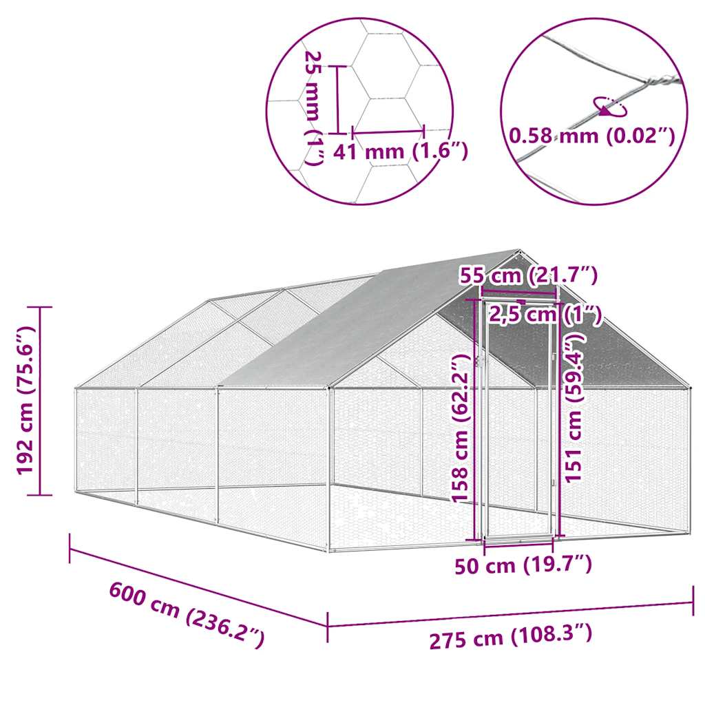 Kültéri horganyzott acél tyúkól 2,75 x 6 x 1,92 m 6