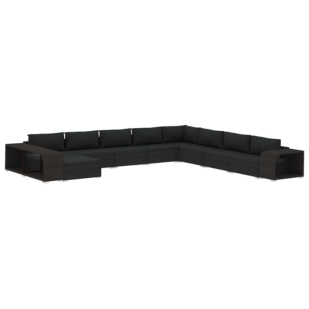11-részes fekete polyrattan kerti bútorszett párnákkal 2