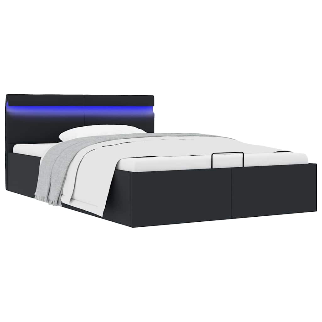 Fekete műbőr LED-es hidraulikus ágykeret 140 x 200 cm