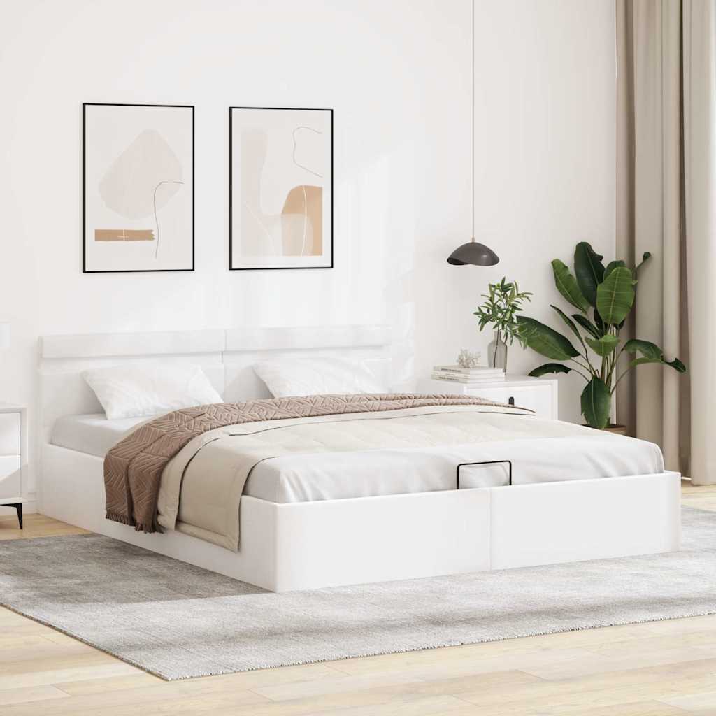 Fehér műbőr LED-es hidraulikus ágykeret 180 x 200 cm 4