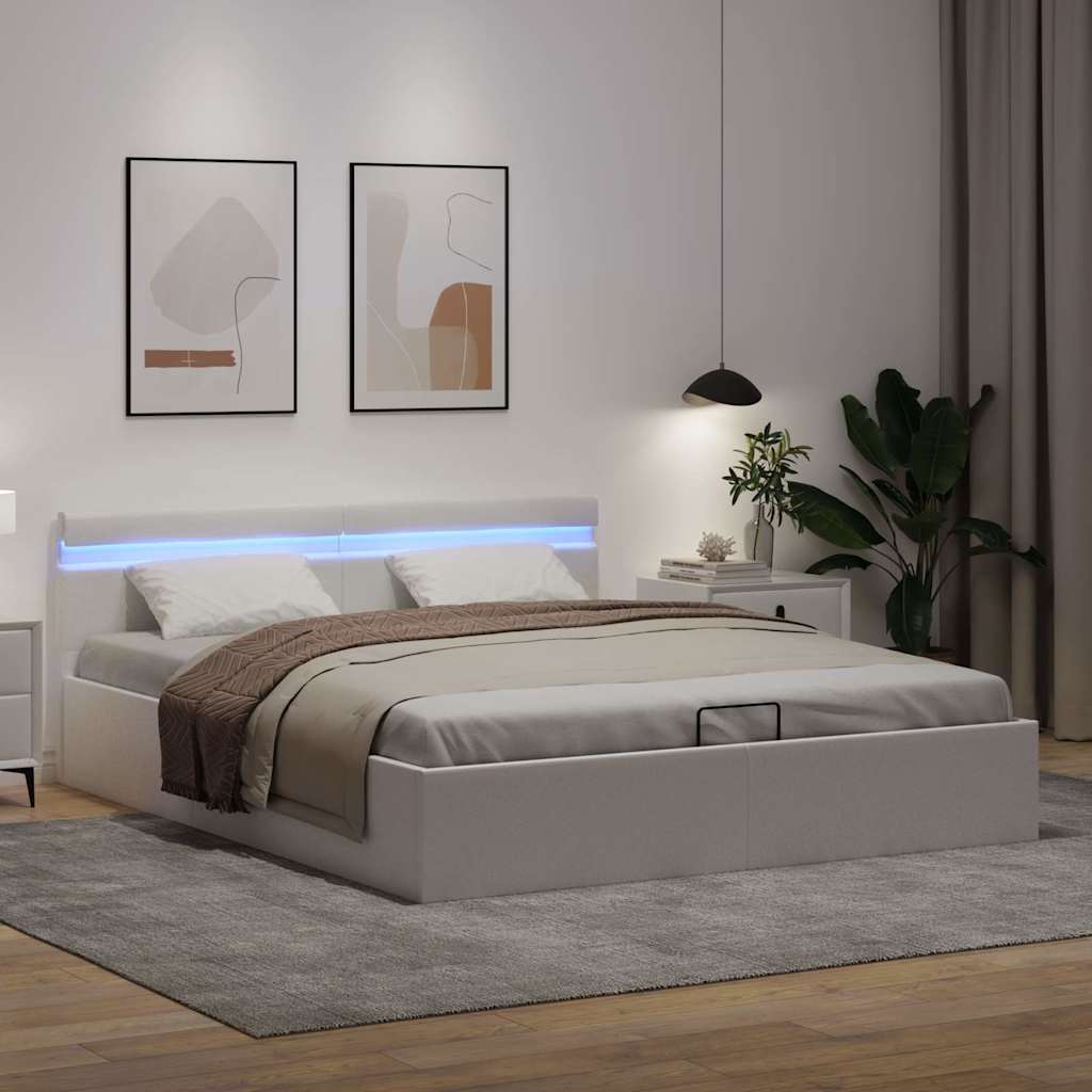Fehér műbőr LED-es hidraulikus ágykeret 180 x 200 cm 5
