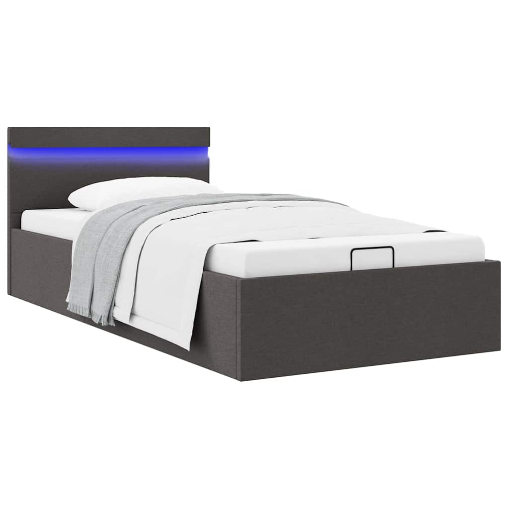 Sötétszürke LED-es szövetágy hidraulikus tárolóval 100 x 200 cm