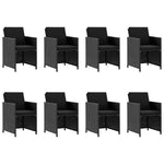9 részes fekete polyrattan kültéri étkezőszett párnákkal 2