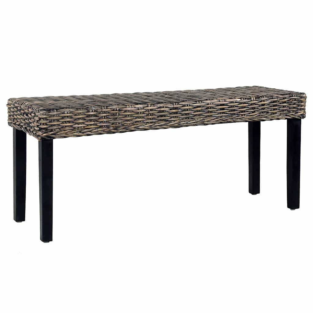 Fekete természetes kubu rattan és tömör mahagóni fa pad 110 cm