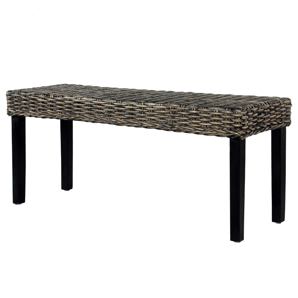 Fekete természetes kubu rattan és tömör mahagóni fa pad 110 cm 5