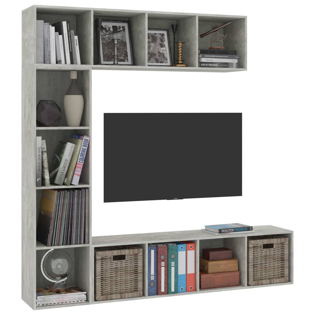 3-részes betonszürke könyv-/TV-szekrényszett 180 x 30 x 180 cm 3