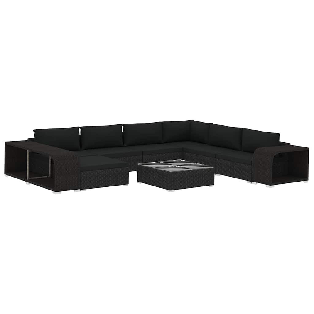 10 részes fekete polyrattan kerti ülőgarnitúra párnákkal 2