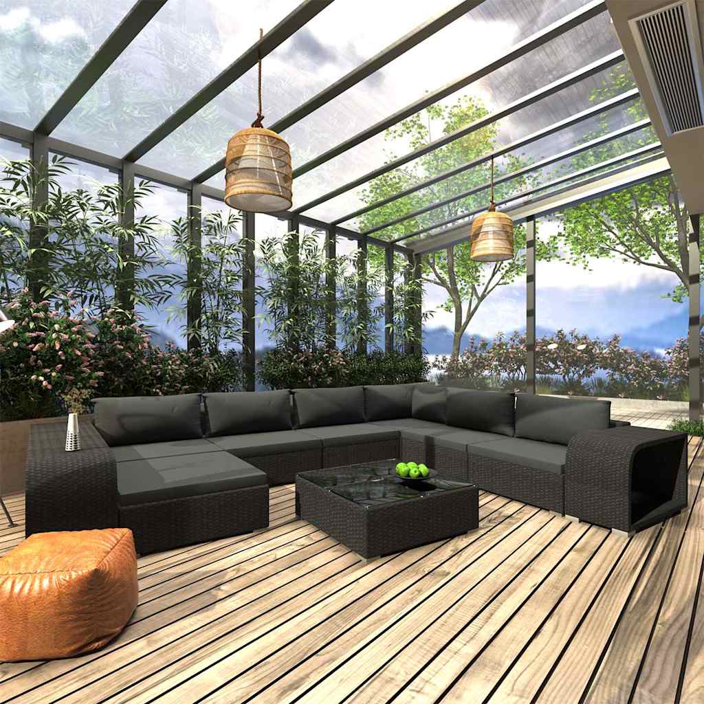 10 részes fekete polyrattan kerti ülőgarnitúra párnákkal