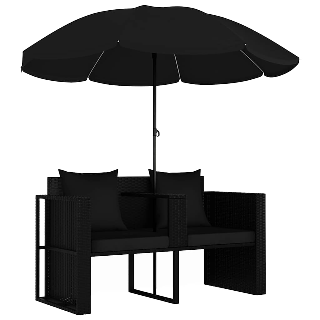 Fekete polyrattan kerti ágy napernyővel 2