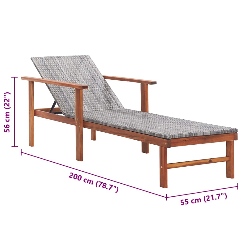 Szürke polyrattan és tömör akácfa napozóágy 9