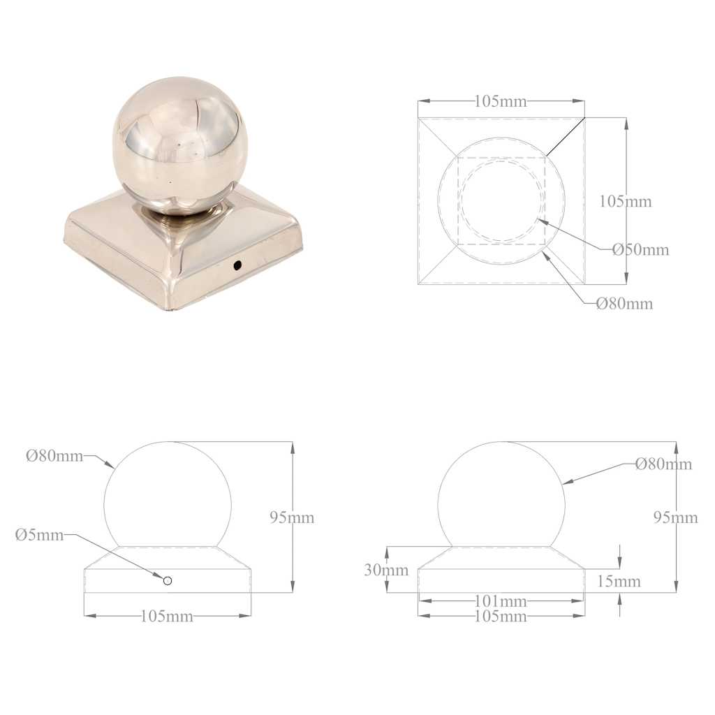 6 db gömb alakú rozsdamentes acél kerítésoszlop-sapka 101x101 mm 9